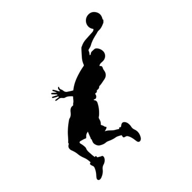 Havada smaç yapan siyah bir basketbol oyuncusunun silüeti. Oyuncu, sağ kollarını uzatmış bir basketbol topunu başının üstünde tutarken, vücutları öne doğru açılıdır ve bacakları hareket halindedir. Arka plan sade. 