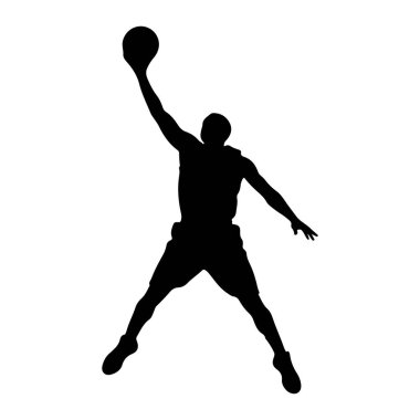 Bir basketbol oyuncusunun siyah silueti havada, basket topunu batırmak için uzanıyor. Oyuncu şort ve atletik ayakkabılar giyerken, bir kolu yukarı doğru uzanıyor ve diğer kolu denge için dışa doğru açılıyor. Bu poz Dynam.