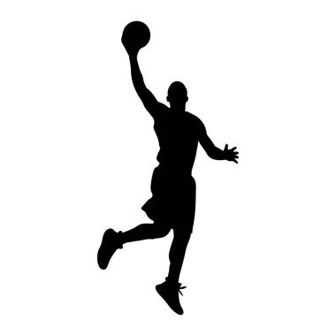 Havada smaç yapan siyah bir basketbol oyuncusunun silüeti. Oyuncu şort ve forma giyiyor, bir kolu yukarı doğru uzatılmış ve diğer kolu bükülmüş. Bacaklar sanki atlama ya da Ian sürecindeymiş gibi konumlanmış.