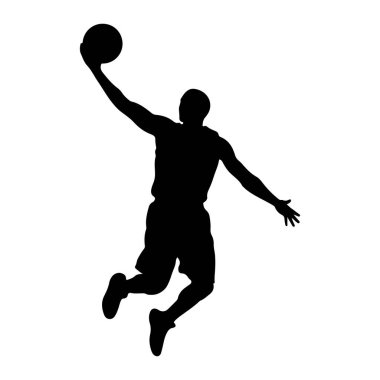 Havada smaç yapan siyah bir basketbol oyuncusunun silüeti. Oyuncu şort ve forma giyer, bir kolu basketbol topunu yukarı doğru uzatır, diğer kolu ise denge için dışa doğru açılır. Bacakları bükülmüş sanki... 