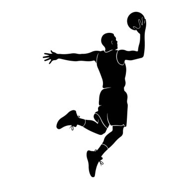 Bir basketbol oyuncusunun siyah silueti havada, basket topunu batırmak için uzanıyor. Oyuncu spor ayakkabıları ve çorapları olan bir forma ve şort giyiyor. Duruş dinamiktir, atlayışın zirvesini ve smacın hareketini yakalar. Arka tarafta.