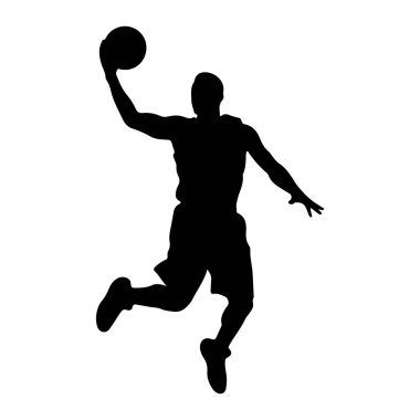 Havada smaç yapan siyah bir basketbol oyuncusunun silüeti. Oyuncu şort ve bir koluyla basketbol topunu potanın üstünde tutan bir forma giyiyor. Şekil, hareketli ve atletik bir şekilde dinamik bir pozda yakalanır.