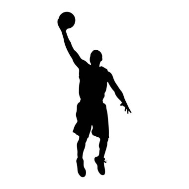 Bir basketbol oyuncusunun siyah silueti havada, basket topunu batırmak için uzanıyor. Oyuncu şort giyiyor ve beyaz bir arka plana karşı güçlü bir atletik hareketin ortasında gibi görünüyor..