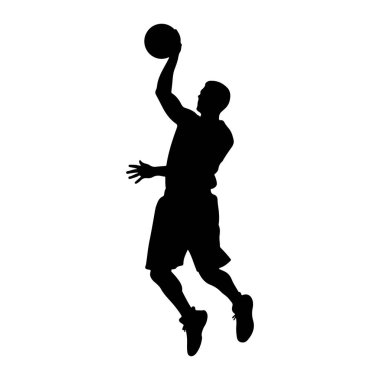 Bir basketbol oyuncusunun siyah silueti havada, basket topunu batırmak için uzanıyor. Oyuncu şort ve spor ayakkabı giyiyor. Arkaplan düz beyaz.