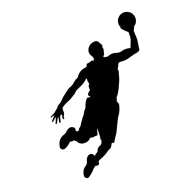 Havada bir basketbol oyuncusunun siyah silueti, kafalarının üstünde bir basketbol topu tutuyor, smaç basma sürecindeymiş gibi görünüyor. Oyuncu şort ve forma giyiyor, kolları ve bacakları dinamik bir pozda düz beyaz
