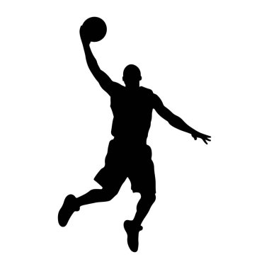 Havada smaç yapan siyah bir basketbol oyuncusunun silüeti. Oyuncu, sağ kolu açık bir basketbol topunu başının üstünde tutuyor. Denge sağlamak için sol kolları yana doğru uzanıyor. Şort ve atletizm giyiyorlar.