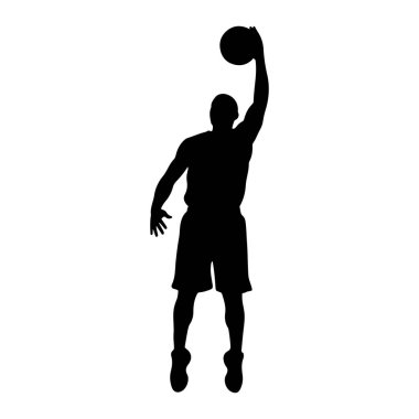 Havada smaç yapan siyah bir basketbol oyuncusunun silüeti. Oyuncu şort ve tişört giyiyor, tek kolu havada ve basketbol topunu kafalarının üstünde tutuyor. Atlama sürecinde oldukları için bacakları bükülür. Görüntü... 