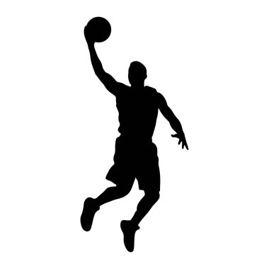 Havada smaç yapan siyah bir basketbol oyuncusunun silüeti. Oyuncu şort ve forma giyiyor, bir kolu havada, basketbol topunu başının üstünde tutuyor ve diğer kolu uzatıyor. Bacakları bükülmüş sanki J sürecindeymiş gibi
