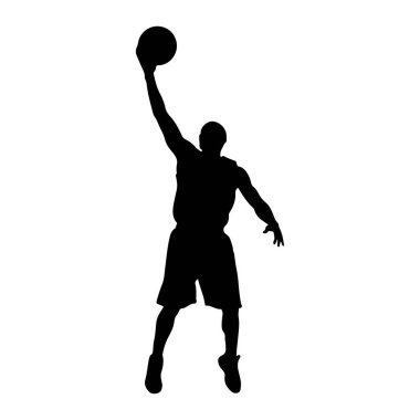 Bir basketbol oyuncusunun siyah silueti havada, basket topunu batırmak için uzanıyor. Oyuncu şort ve forma giyiyor. Arka plan düz beyaz, sporcunun hareketlerini ve dinamik duruşunu vurguluyor..