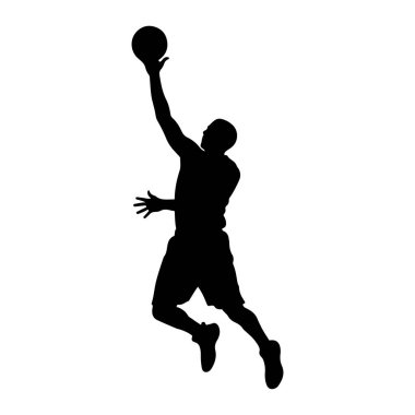Bir basketbol oyuncusunun siyah silueti havada, basket topunu batırmak için uzanıyor. Oyuncu şort ve spor ayakkabı giyiyor. Arkaplan düz beyaz.