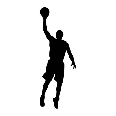 Bir basketbol oyuncusunun siyah silueti havada, basket topunu batırmak için uzanıyor. Oyuncu şort giyiyor ve skor yapma sürecinde gibi görünüyor. Arkaplan düz beyaz.