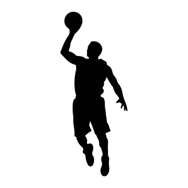 Havada smaç yapan siyah bir erkek basketbolcunun silüeti. Oyuncu şort ve forma giyiyor, bir kolu yukarı doğru uzatılmış ve basketbol topunu tutuyor. Duruş dinamiktir, sporun hareketlerini yakalar. Arkaplan p