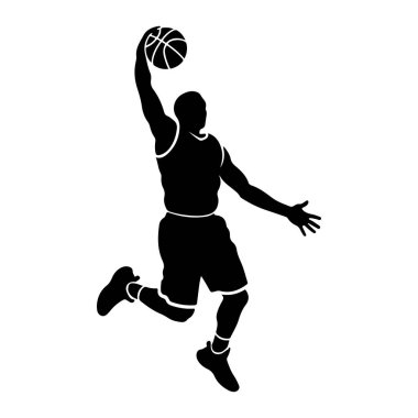 Havada bir basketbol oyuncusunun silueti smaç basıyor. Oyuncu bir forma ve şort giyiyor, tek kolu havada ve basketbol topunu kafalarının üstünde tutuyor. Zıplarken bacakları bükülür ve diğer kolları açılır.