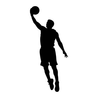 Bir basketbol oyuncusunun siyah silueti havada, basket topunu batırmak için uzanıyor. Oyuncu şort ve forma giyiyor, bir kolu yukarı doğru uzatılmış ve diğer kolu denge için dışa doğru uzanıyor. Bacakları bükülmüş gibi.