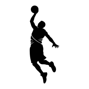 Havada smaç yapan siyah bir basketbol oyuncusunun silüeti. Oyuncu, bir kolu yukarı doğru uzanmış olarak topu tutarken, diğer kolu denge için açılır. Şort ve spor ayakkabılar giyiyor, bir dy içinde yakalanmış.