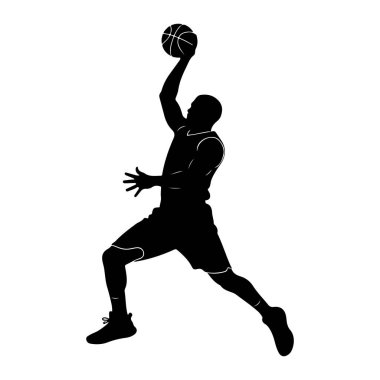 Siyah bir basketbol oyuncusunun silüeti havada, kafasının üstünde basket topunu tutuyor, smaç basmaya hazır. Oyuncu bir forma ve şort giyiyor, ayaklarında spor ayakkabıları var. Duruş dinamiktir, atletik bir atlayışın zirvesini yakalar. Th