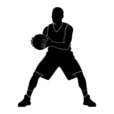 Bir basketbol oyuncusunun siyah silueti iki eliyle bir basketbol topunu tutarak bacaklarını açarak ayakta durur. Oyuncu, çorapları ve ayakkabıları olan bir forma ve şort giyiyor. Şekil beyaz bir arkaplanda izole edilmiştir..