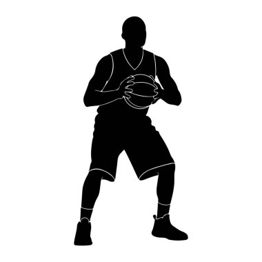 Bir basketbol oyuncusunun siyah silueti iki eliyle basketbol topunu tutuyor. Oyuncu forma, şort ve spor ayakkabılardan oluşan bir basketbol forması giyiyor. Şekil tarafsız bir duruşta tasvir ediliyor, harekete hazır. Şey...