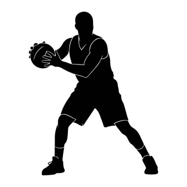 Basketbolcunun siyah silueti dinamik bir duruşta, iki eliyle basketbol topunu tutuyor. Oyuncu kolsuz bir forma ve şort giyiyor, spor ayakkabıları ve çorapları var. Resim, beyaz bir arka plana karşı temiz bir grafik çizimi.