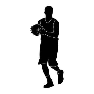 Siyah bir erkek basketbolcunun silueti iki eliyle basketbol topunu tutuyor. Oyuncu forma, şort, çorap ve ayakkabı giyiyor. Siluet beyaz bir arka plana karşı beyazla çizilmiş..