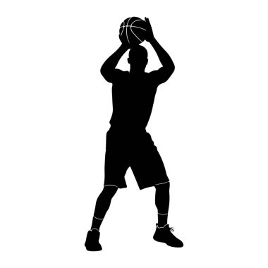 Bir basketbol oyuncusunun siyah silueti beyaz arka planda tasvir edilir. Oyuncu belden yukarısına doğru iki eliyle bir basketbol topu tutarak atış ya da pas yapmaya hazırlanıyor. Oyuncu şort ve spor ayakkabı giyiyor.