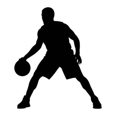 Basketbol oynayan bir erkek basketbolcunun silüeti. Oyuncu şort ve ayaklarında spor ayakkabıları olan bir tişört giyiyor. Vücudu açılı, topu kontrol ederken hareket ve konsantrasyon gösteriyor. Arka tarafta.