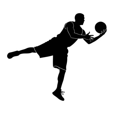 Havada bir basketbol oyuncusunun siyah silueti, bir bacağı geriye doğru uzanıyor ve diğeri eğilmiş. Oyuncu bir basket topu yakalamak için iki eliyle uzanıyor. Şekil dinamik bir pozla tasvir edilmiş, hareket ve atletizmi işaret ediyor. T