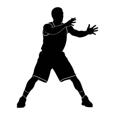 Savunma pozisyonunda bir basketbol oyuncusunun siyah silueti. Oyuncu kolsuz bir forma ve şort giyiyor, üzerinde beyaz süs var. Kolları açık ve elleri açık, savunmaya hazırlar. Şekil yerleştirildi 