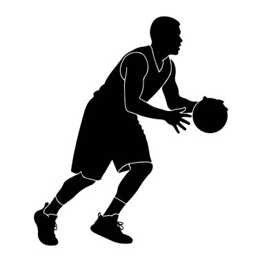 Bir basketbol oyuncusunun silueti hareket halinde, top sürüyor. Oyuncu spor ayakkabıları ve çorapları olan bir forma ve şort giyiyor. Şekil yandan tasvir ediliyor, bir eli topun üzerinde, diğeri ise uzanıyor. Arka plan...