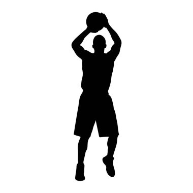 Siyah bir siluet, havada bir insan, kafasının üstünde bir basketbol topu tutuyor, atışa hazırlanıyor. Şort ve spor ayakkabısı giyiyor. Arkaplan düz beyaz.