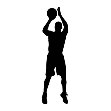 Siyah bir basketbol oyuncusu silueti havada, kafasının üstünde basketbol topunu tutuyor, atış yapmaya hazırlanıyor. O şort ve spor ayakkabıları giyiyor. Arkaplan düz beyaz.