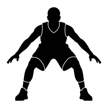 Savunma pozisyonunda bir basketbol oyuncusunun siyah silueti. Oyuncu, dizleri bükülmüş ve kolları açık bir forma ve şort giyiyor. Üniformanın ana hatları beyazla işaretlenmiş. Resim beyaz bir arkaplanda izole edilmiştir.