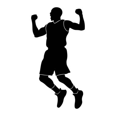 Bir erkek basketbolcunun siyah silueti havada tasvir edilir, kollarını kaldırıp kutlama jesti yapar. O, forma ve şorttan oluşan bir basketbol forması giyiyor. Şekil, düz beyaz bir arka gruba karşı izole edilmiştir.