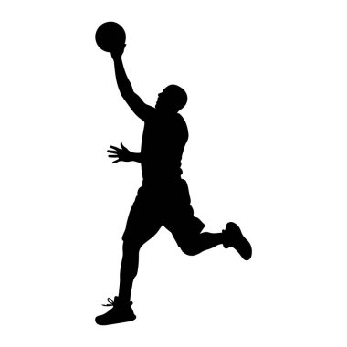 Bir basketbol oyuncusunun siyah silueti havada, basket topunu batırmak için uzanıyor. Oyuncu şort ve ayaklarında spor ayakkabıları olan bir tişört giyiyor. Poz dinamik bir eylem ve atletizm hissi veriyor. Arka plan sade.