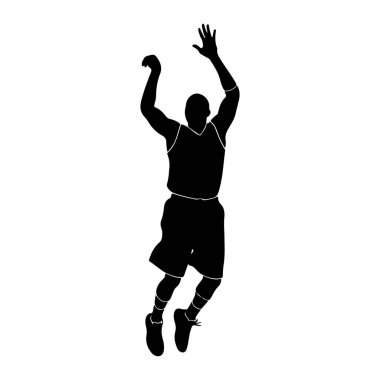 Siyah bir basketbol oyuncusunun silueti havada, kolları yukarı doğru açılmış, atış ya da smaç yapıyor gibi görünüyor. Oyuncu bir forma ve şort giyiyor, çoraplarda ve ayakkabılarda görünür detaylar var. Arkaplan düz beyaz.