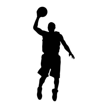 Bir basketbol oyuncusunun siyah silueti havada tasvir edilir, atlama hareketinin dinamik hareketleriyle yakalanır. Oyuncu kafasının üstünde basket topu tutuyor, atış için hazır ya da smaç için. Beden spor şort ve ayakkabı giyiyor, kolları ve...