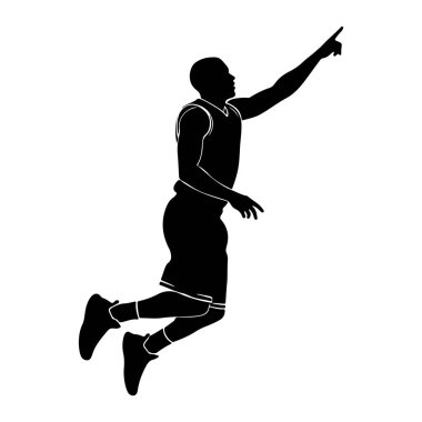Bir basketbol oyuncusunun siyah silueti havada yakalanır, bir kolu yukarı doğru uzanmış ve parmağını işaret eder. Oyuncu forma ve şorttan oluşan bir basketbol üniforması giyiyor, çorapları ve spor ayakkabıları var. Görüntü bir st.