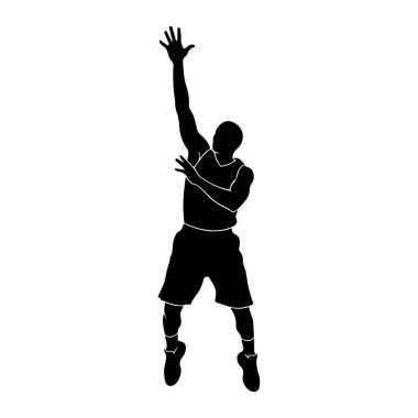 Bir basketbol oyuncusunun siyah silueti havada, yukarı doğru uzanırken bir kolu uzanıyor. Oyuncu bir forma ve şort giyiyor, sanki atlama sürecindeymiş gibi bacakları bükülmüş. Görüntü beyaz bir arkaplan karşısında simsiyah, vurgulanıyor