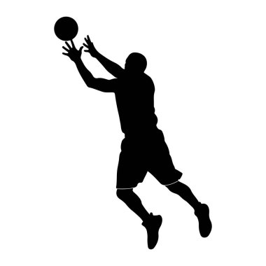 Bir basketbol oyuncusunun siyah silueti havada tasvir edilir, kolları yukarı doğru uzanarak basket topuna uzanır. Oyuncu şort ve spor ayakkabı giyiyor. Arka plan bembeyaz..