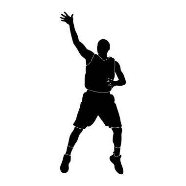 Bir basketbol oyuncusunun siyah silueti havada tasvir edilir, sağ kolları yukarı doğru sanki topa uzanıyormuş ya da atış yapıyormuş gibi zıplar. Oyuncu bir forma ve şort giyiyor, ayaklarında spor ayakkabıları var. Şekil şu: