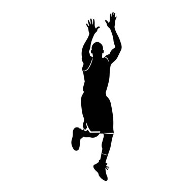 Siyah bir basketbol oyuncusunun silueti havada, kolları yukarı doğru açılmış, sanki smaç ya da atış için uzanıyormuş gibi. Oyuncu forma ve şort giyiyor. Kıyafetlerin süslenmesi ve spor ayakkabıları gibi görünür detaylar var. Şekil izole edilmiş.