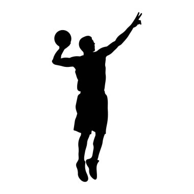Havada bir basketbol oyuncusunun siyah silueti, bir elinde basketbol topu, diğer elinde de zafer işareti olarak iki parmağını havaya kaldırarak yukarı doğru uzatıyor. Oyuncu şort giyiyor ve ateş etme sürecinde gibi görünüyor. Şey... 