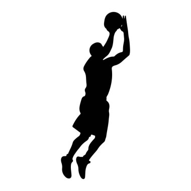 Havada zıplayarak topa atlayan siyah bir basketbolcu silueti. Oyuncu şort ve spor ayakkabı giyiyor. Arkaplan düz beyaz.