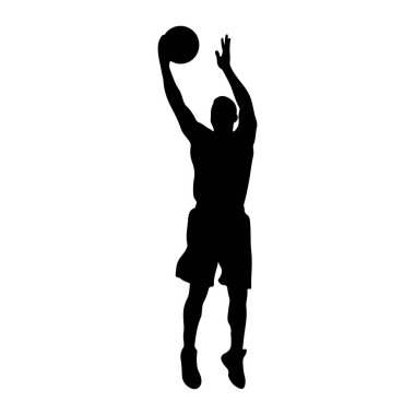 Havada bir basketbol oyuncusunun siyah silueti, kafalarının üstünde bir topu tutuyor ve atış yapmaya hazırlanıyor. Oyuncu şort giyiyor ve hareketlilik ve atletizm izlenimi veren dinamik bir poz alıyor. Arka plan bembeyaz..