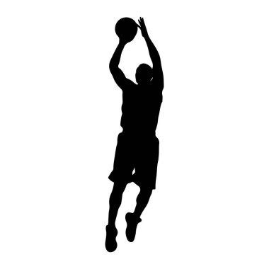 Bir basketbol oyuncusunun siyah silueti havada tasvir edilir, basket oynamak için zıplar. Oyuncu şort ve spor ayakkabı giyiyor. Şekil, dinamik duruşu ve eylemi vurgulayan düz beyaz bir arkaplan karşısında izole edilmiştir. 