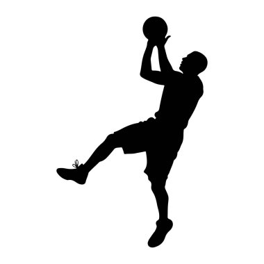 Bir erkek basketbolcunun siyah silueti, basketbol oynarken havada yakalanır. Oyuncu şort ve spor ayakkabılı bir tişört giyiyor. Poz dinamik bir şutu işaret ediyor, top yukarıdan tutuluyor. 