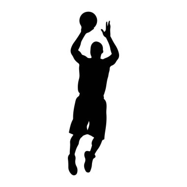 Bir erkek basketbolcunun siyah silueti bir basketbol topu atma sürecinde havada tasvir edilir. Oyuncu şort ve spor ayakkabı giyiyor. Şekil, dinamik eylemi vurgulayarak, düz beyaz bir arkaplan üzerinde izole edilir