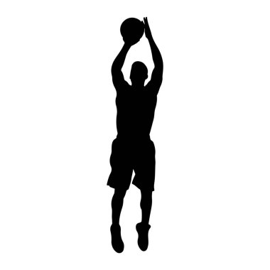 Siyah bir basketbol oyuncusunun silueti havada, kafalarının üstünde basket topunu tutuyor, atışa hazırlanıyor. Oyuncu şort giyiyor ve bir atlayışın ortasında gibi görünüyor. Arkaplan düz beyaz.