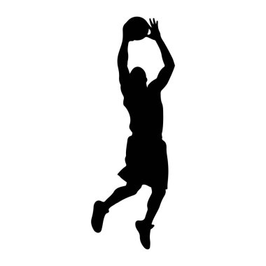 Bir erkek basketbolcunun siyah silueti havada yakalanır, kafasının üstünde bir basketbol topuyla zıplar, atış yapmaya ya da smaç basmaya hazırdır. Şekil, dinamik duruşu ve atletik hareketi vurgulayan düz beyaz bir arkaplan üzerine tasvir ediliyor. Şey... 