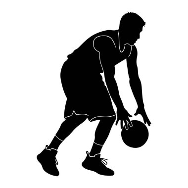 Bir erkek basketbolcunun siyah silueti, top sürerken hareket halinde tasvir edilir. Oyuncu bir forma ve şort giyiyor ve spor ayakkabıları giyiyor. Forma ve şortun ana hatları beyaz çizgilerle çizilmiş. Geri kafalı.